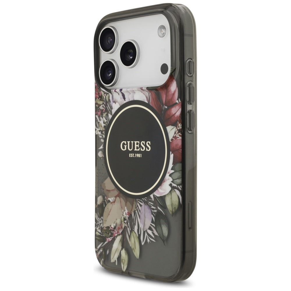 Калъф MagSafe за Apple iPhone 17 Pro, Guess, IML Flowers with Pearl Strap, Черен