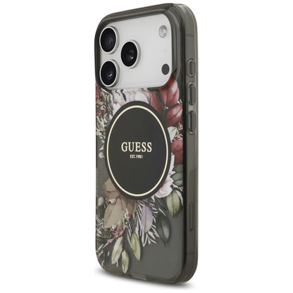 Калъф MagSafe за Apple iPhone 17 Pro, Guess, IML Flowers with Pearl Strap, Черен