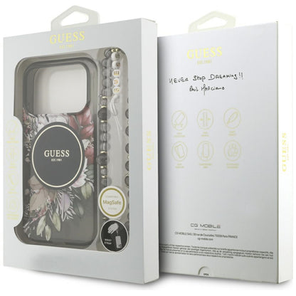 Калъф MagSafe за Apple iPhone 17 Pro, Guess, IML Flowers with Pearl Strap, Черен