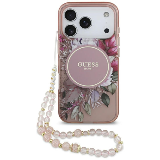 MagSafe Case for Apple iPhone 17 Pro, Guess, IML Flowers with Pearl Strap, Pink