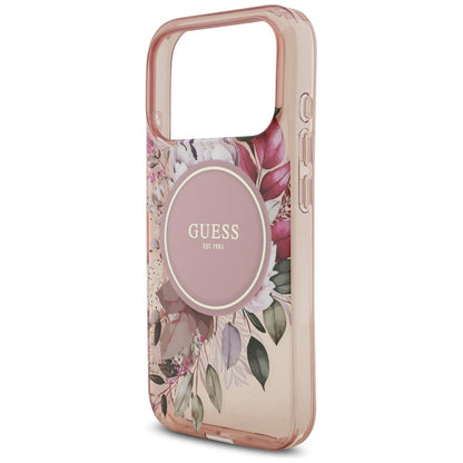 Калъф MagSafe за Apple iPhone 17 Pro, Guess, IML Flowers with Pearl Strap, Розов