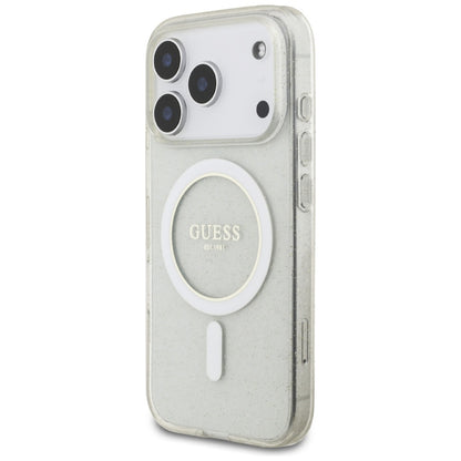 Калъф MagSafe за Apple iPhone 17 Pro, Guess, IML Glitter с перлена презрамка, Прозрачен