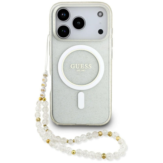 MagSafe Case for Apple iPhone 17 Pro, Guess, IML Glitter with Pearl Strap, Transparent