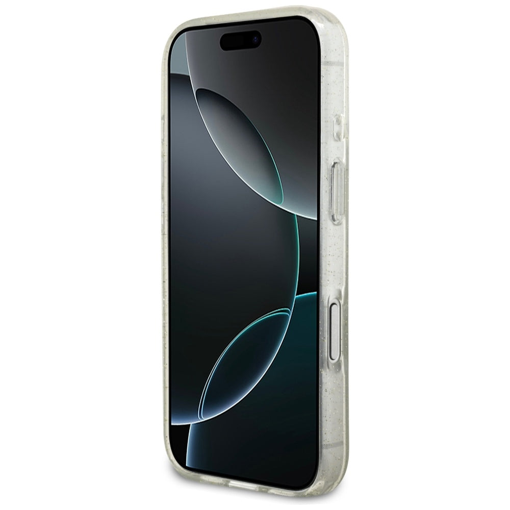 Калъф MagSafe за Apple iPhone 17 Pro, Guess, IML Glitter с перлена презрамка, Прозрачен