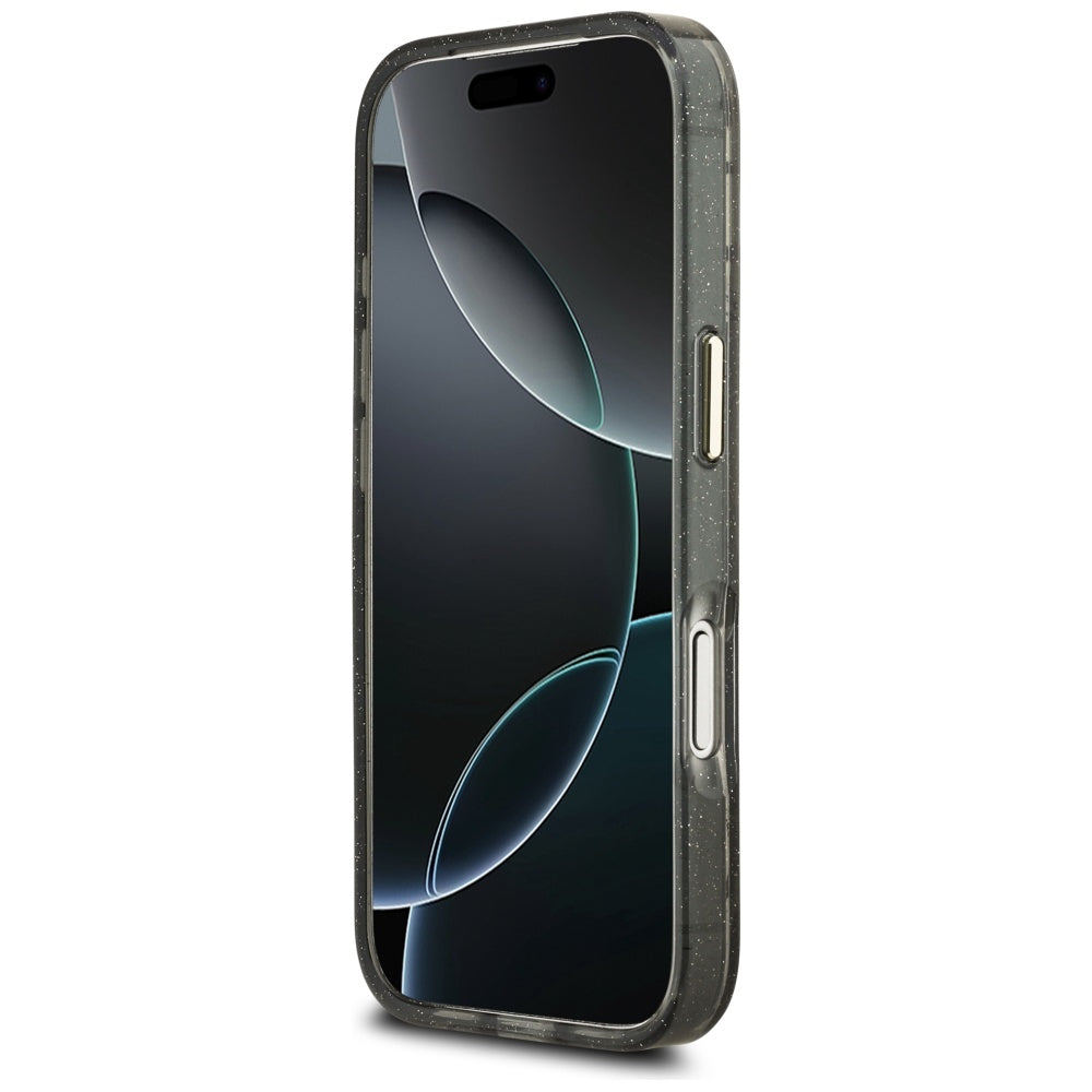 MagSafe Case for Apple iPhone 17 Pro, Guess, IML Metal Glitter Flowers Triangle, Black