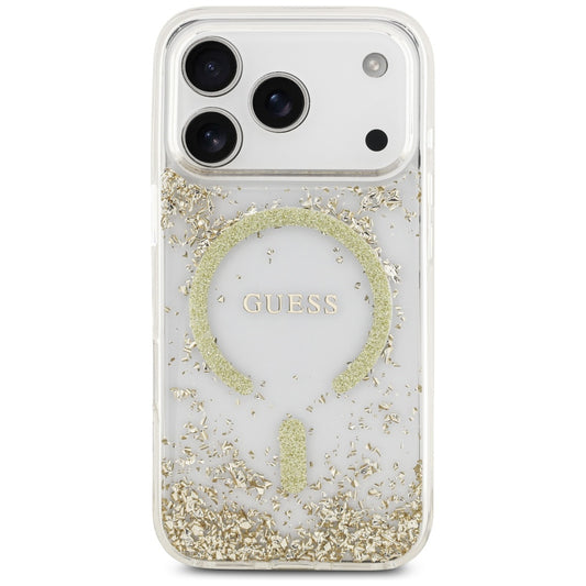 Калъф MagSafe за Apple iPhone 17 Pro, Guess, Resin Bottom Glitter, Златист