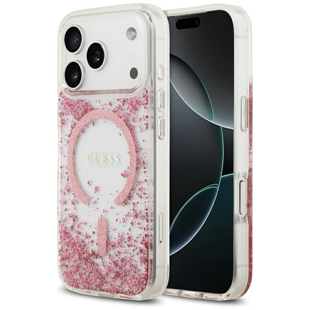 Калъф MagSafe за Apple iPhone 17 Pro, Guess, Resin Bottom Glitter, Розов