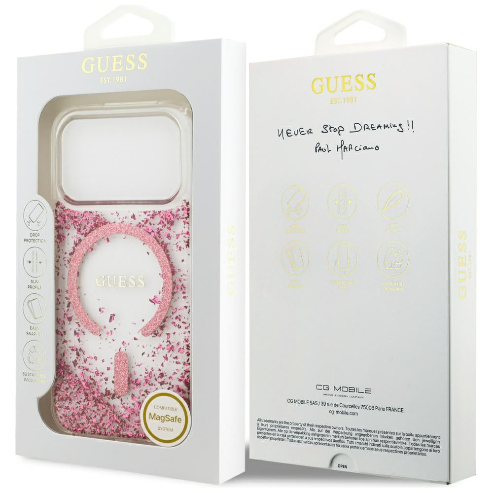 Калъф MagSafe за Apple iPhone 17 Pro, Guess, Resin Bottom Glitter, Розов