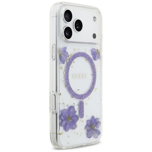 Калъф MagSafe за Apple iPhone 17 Pro, Guess, Resin Flowers and Glitter, Лилав
