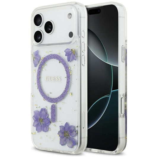 Калъф MagSafe за Apple iPhone 17 Pro, Guess, Resin Flowers and Glitter, Лилав