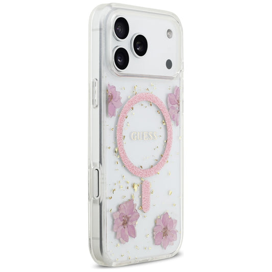 Калъф MagSafe за Apple iPhone 17 Pro, Guess, Resin Flowers and Glitter, Розов