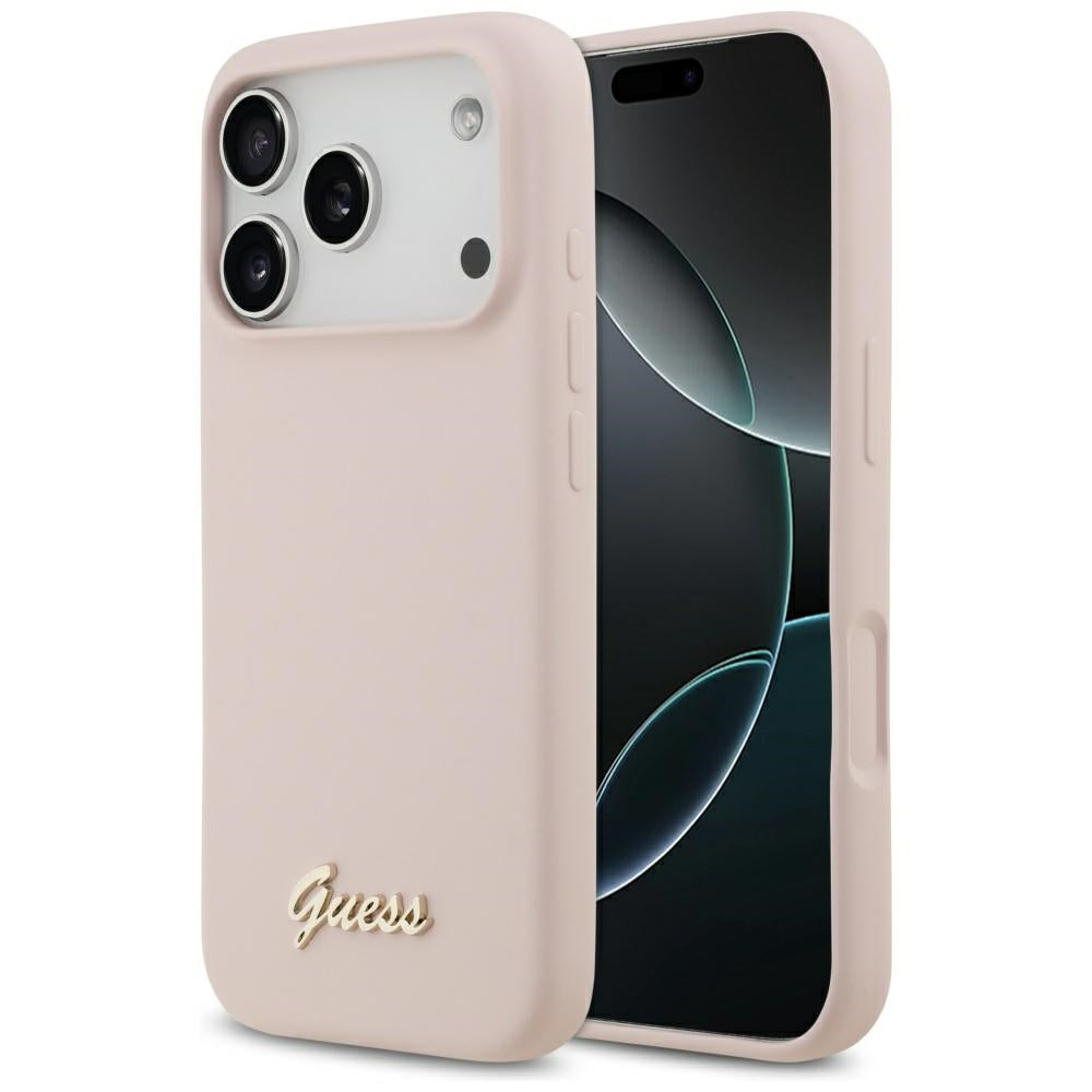 Калъф MagSafe за Apple iPhone 17 Pro, Guess, Script Metal Logo, Светлорозов