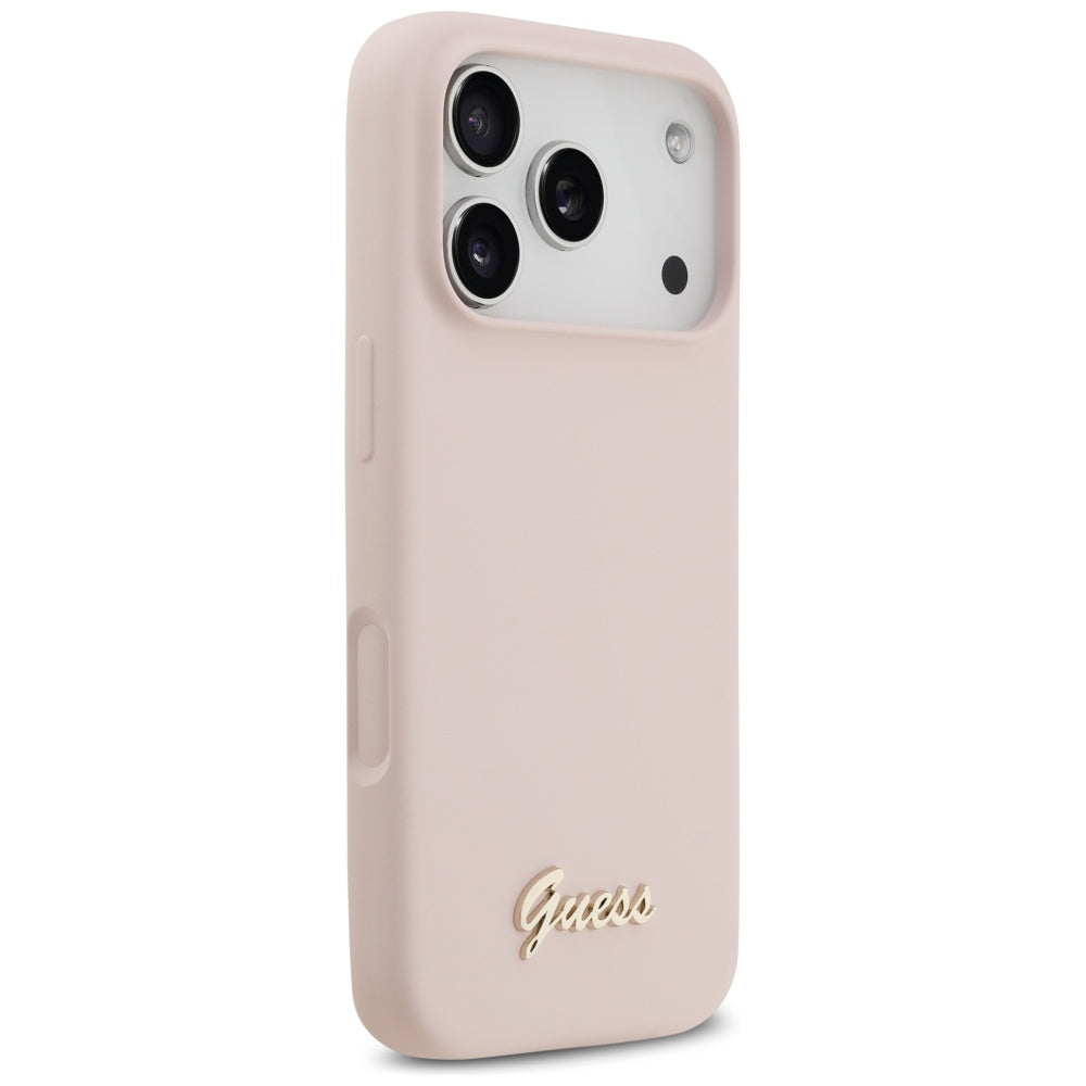 Калъф MagSafe за Apple iPhone 17 Pro, Guess, Script Metal Logo, Светлорозов