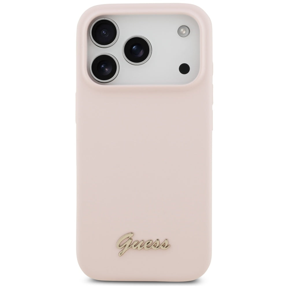 Калъф MagSafe за Apple iPhone 17 Pro, Guess, Script Metal Logo, Светлорозов