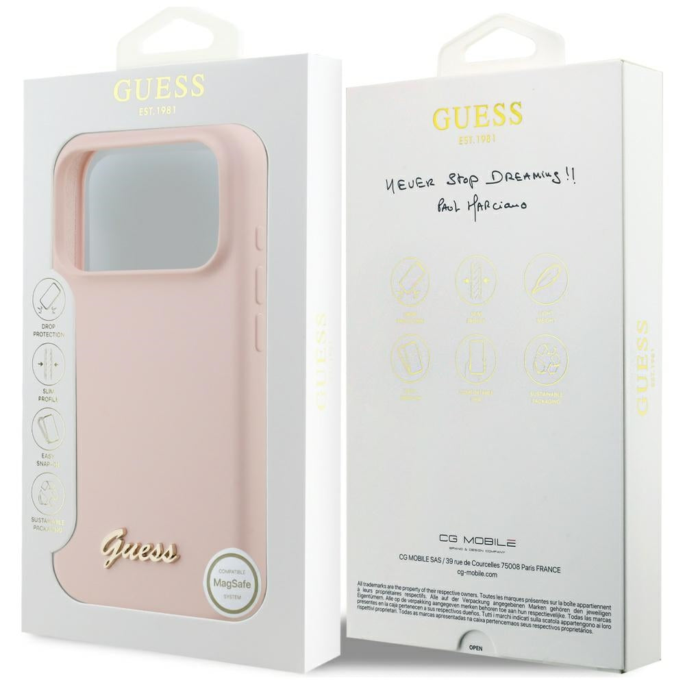 Калъф MagSafe за Apple iPhone 17 Pro, Guess, Script Metal Logo, Светлорозов
