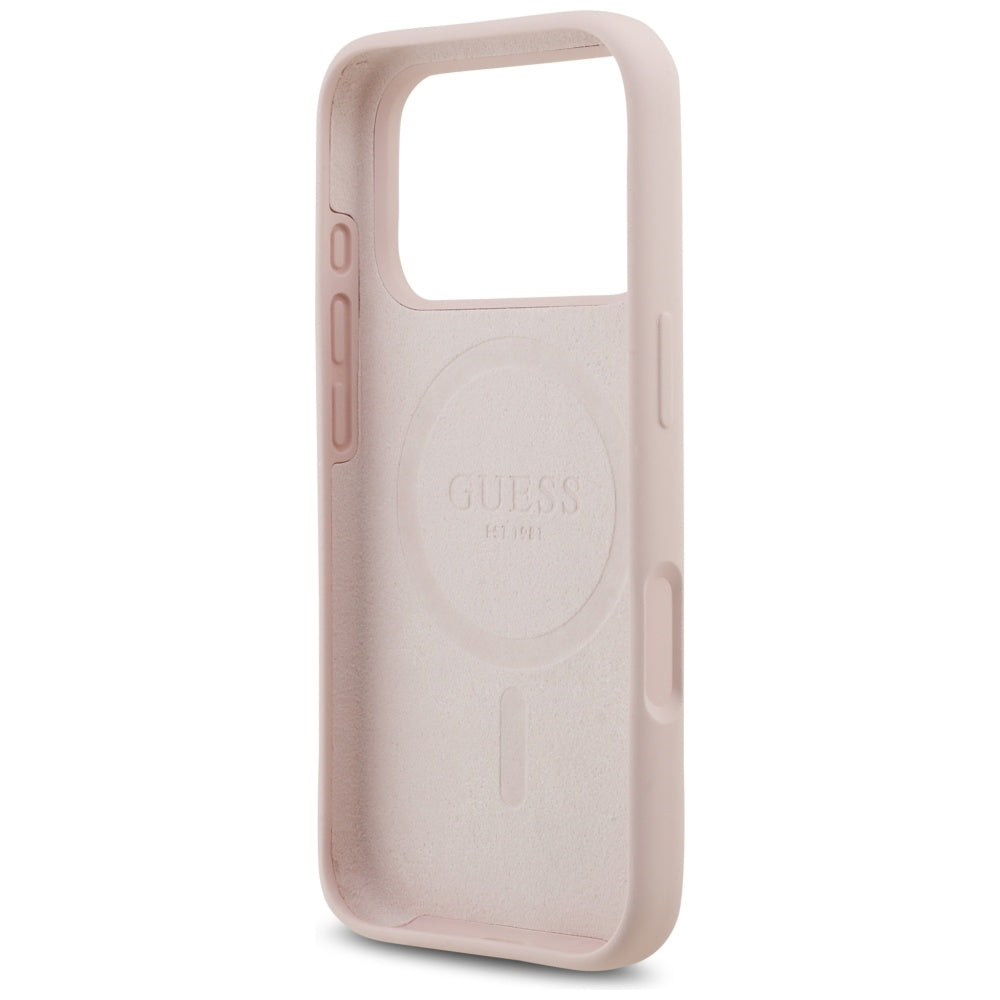 Калъф MagSafe за Apple iPhone 17 Pro, Guess, Script Metal Logo, Светлорозов