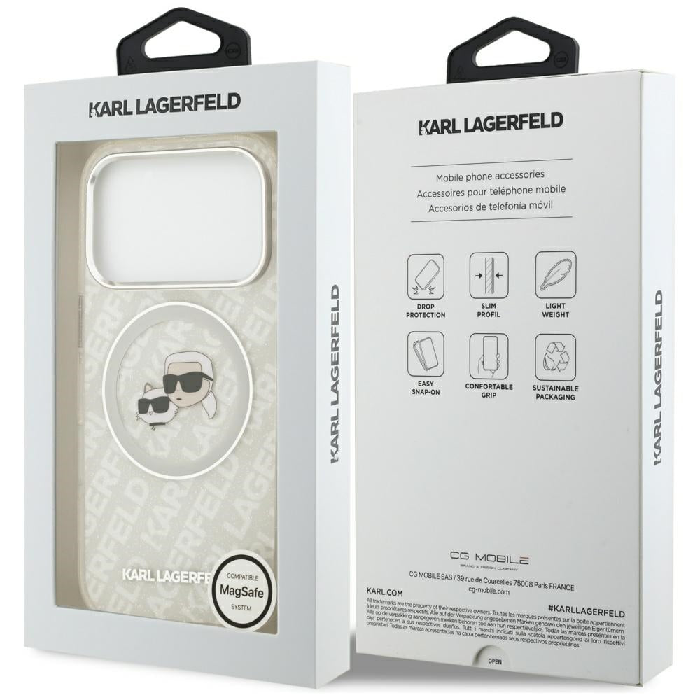 Калъф MagSafe за Apple iPhone 17 Pro, Karl Lagerfeld, Glitter Karl & Choupette Head, Бял
