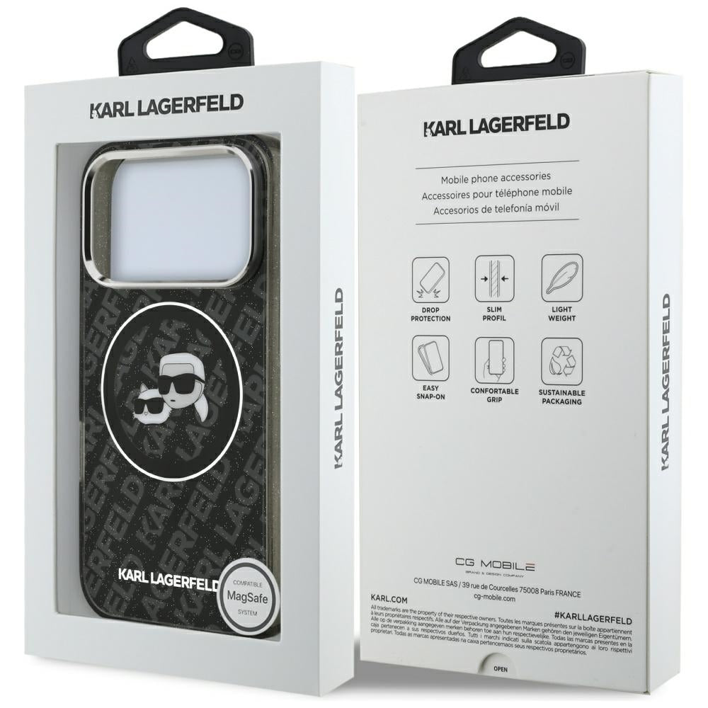 Калъф MagSafe за Apple iPhone 17 Pro, Karl Lagerfeld, Glitter Karl & Choupette Head, Черен