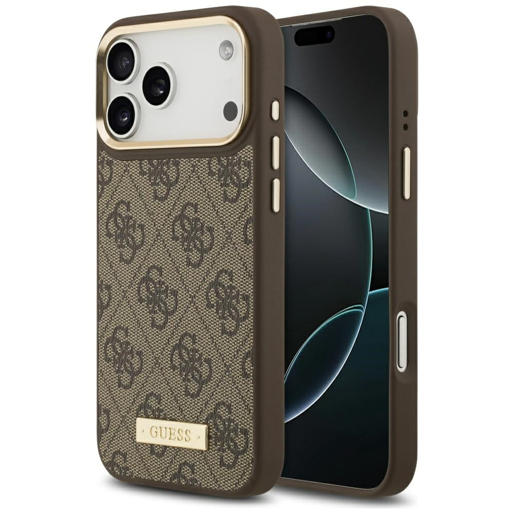 Калъф MagSafe за Apple iPhone 17 Pro Max, Guess, 4G Logo Plate, Кафяв
