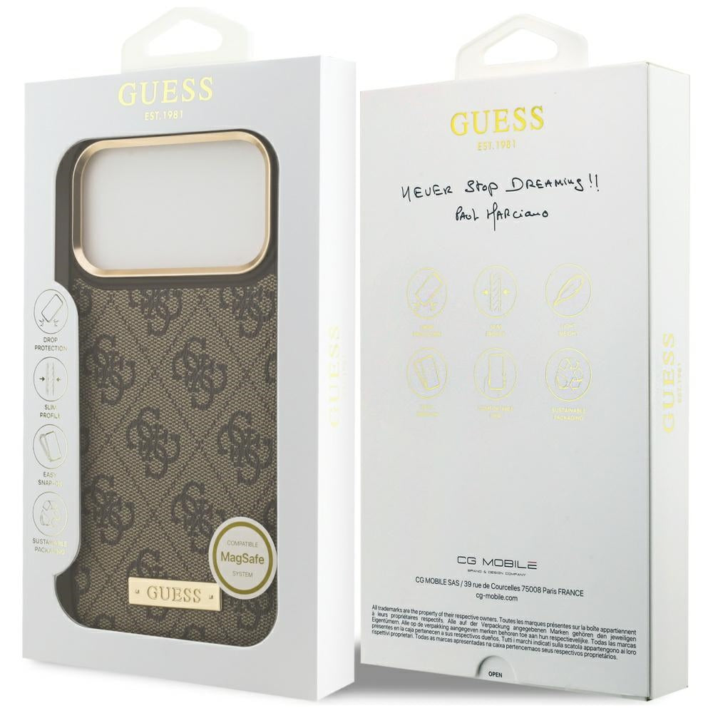 Калъф MagSafe за Apple iPhone 17 Pro Max, Guess, 4G Logo Plate, Кафяв