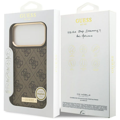 Калъф MagSafe за Apple iPhone 17 Pro Max, Guess, 4G Logo Plate, Кафяв