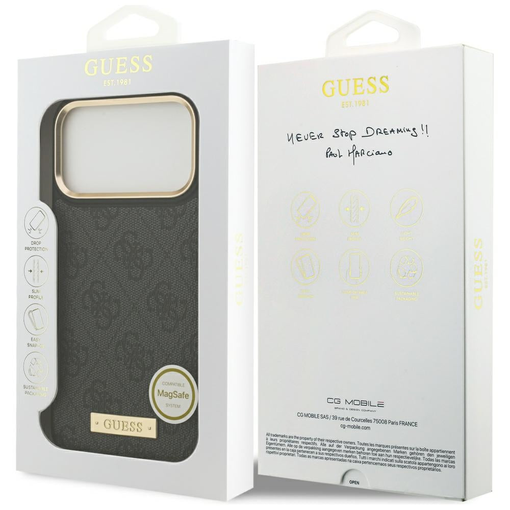 Калъф MagSafe за Apple iPhone 17 Pro Max, Guess, 4G Logo Plate, Черен