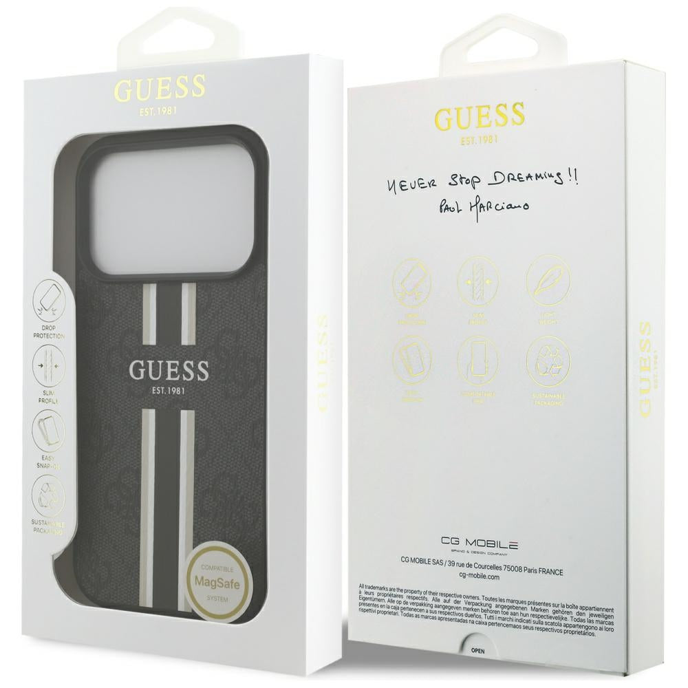 Калъф MagSafe за Apple iPhone 17 Pro Max, Guess, 4G Printed Stripes, Черен