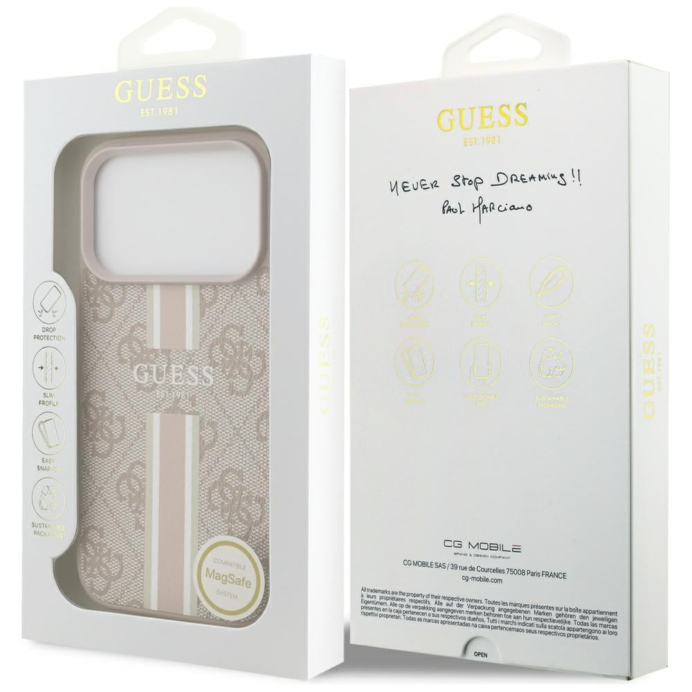 Калъф MagSafe за Apple iPhone 17 Pro Max, Guess, 4G Printed Stripes, Розов