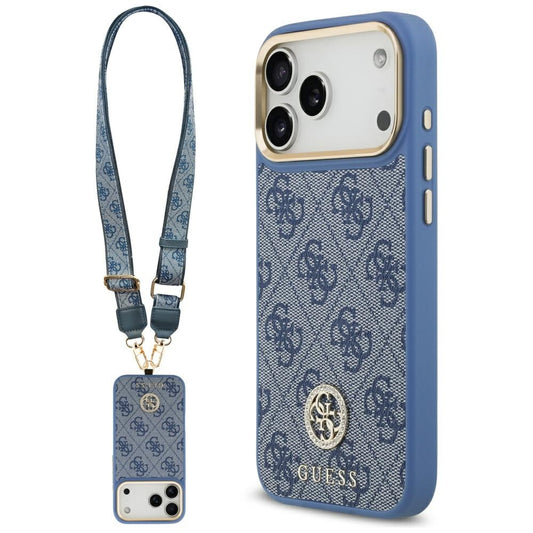 Калъф MagSafe за Apple iPhone 17 Pro Max, Guess, 4G Strass Logo with Big Strap, Син
