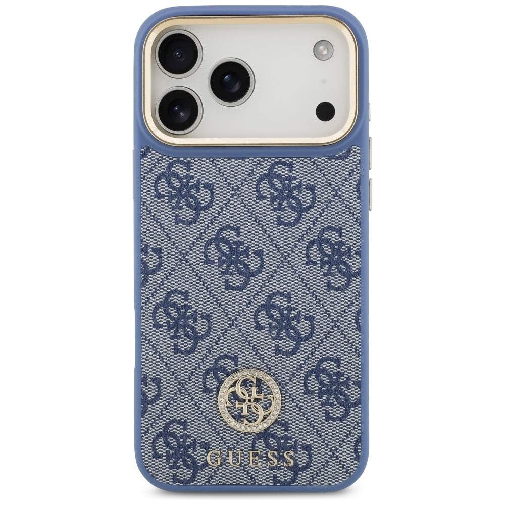 Калъф MagSafe за Apple iPhone 17 Pro Max, Guess, 4G Strass Logo with Big Strap, Син