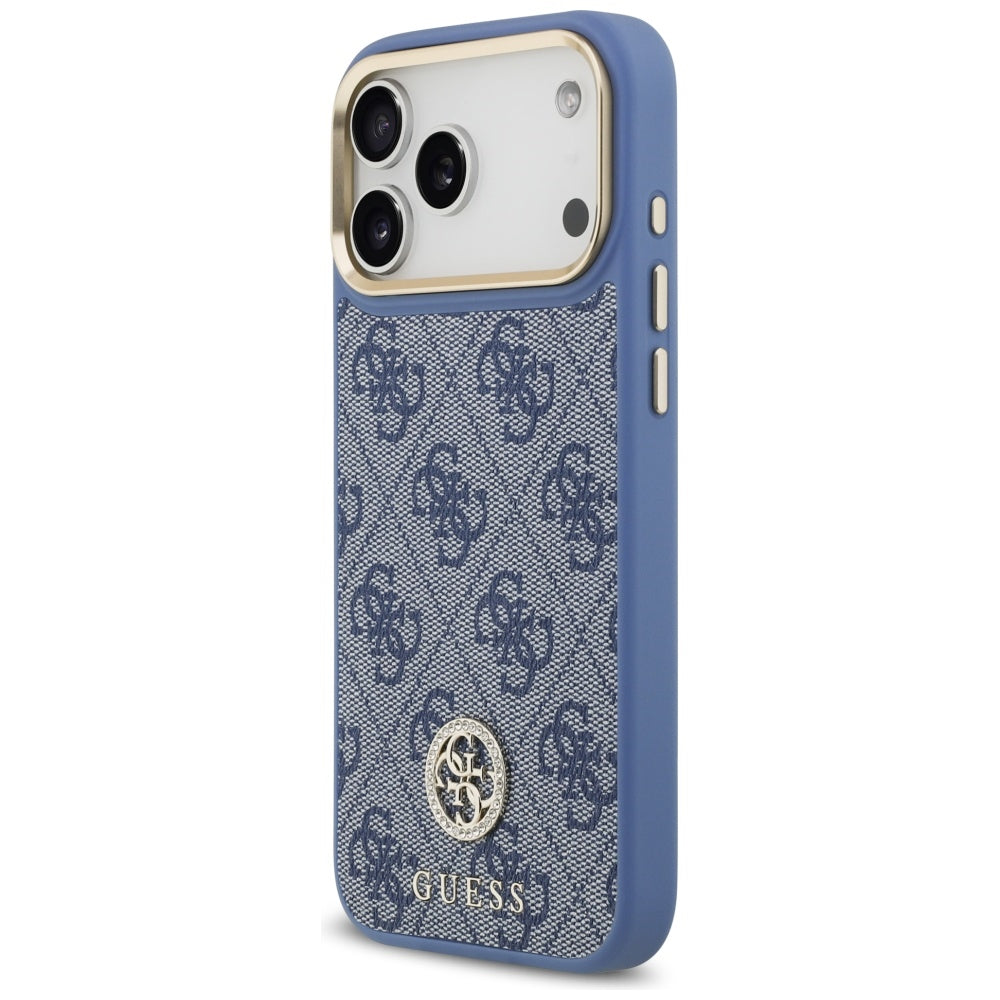 Калъф MagSafe за Apple iPhone 17 Pro Max, Guess, 4G Strass Logo with Big Strap, Син