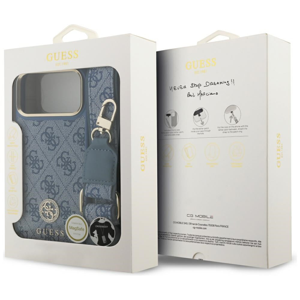 Калъф MagSafe за Apple iPhone 17 Pro Max, Guess, 4G Strass Logo with Big Strap, Син