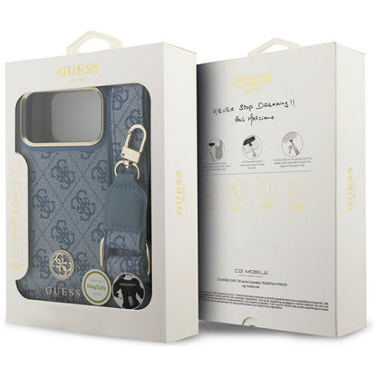 Калъф MagSafe за Apple iPhone 17 Pro Max, Guess, 4G Strass Logo with Big Strap, Син