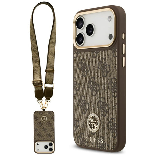 Калъф MagSafe за Apple iPhone 17 Pro Max, Guess, 4G Strass Logo with Big Strap, Кафяв