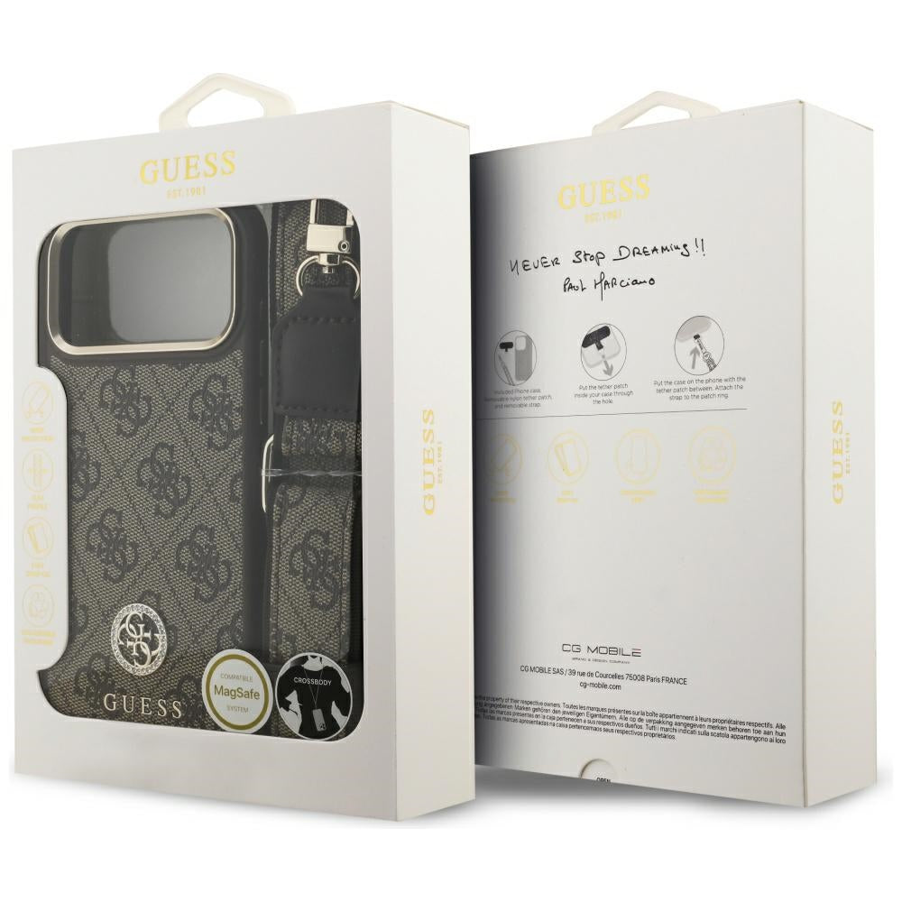 Калъф MagSafe за Apple iPhone 17 Pro Max, Guess, 4G Strass Logo with Big Strap, Кафяв