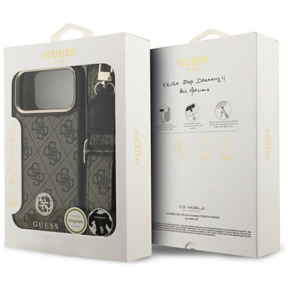 Калъф MagSafe за Apple iPhone 17 Pro Max, Guess, 4G Strass Logo with Big Strap, Кафяв