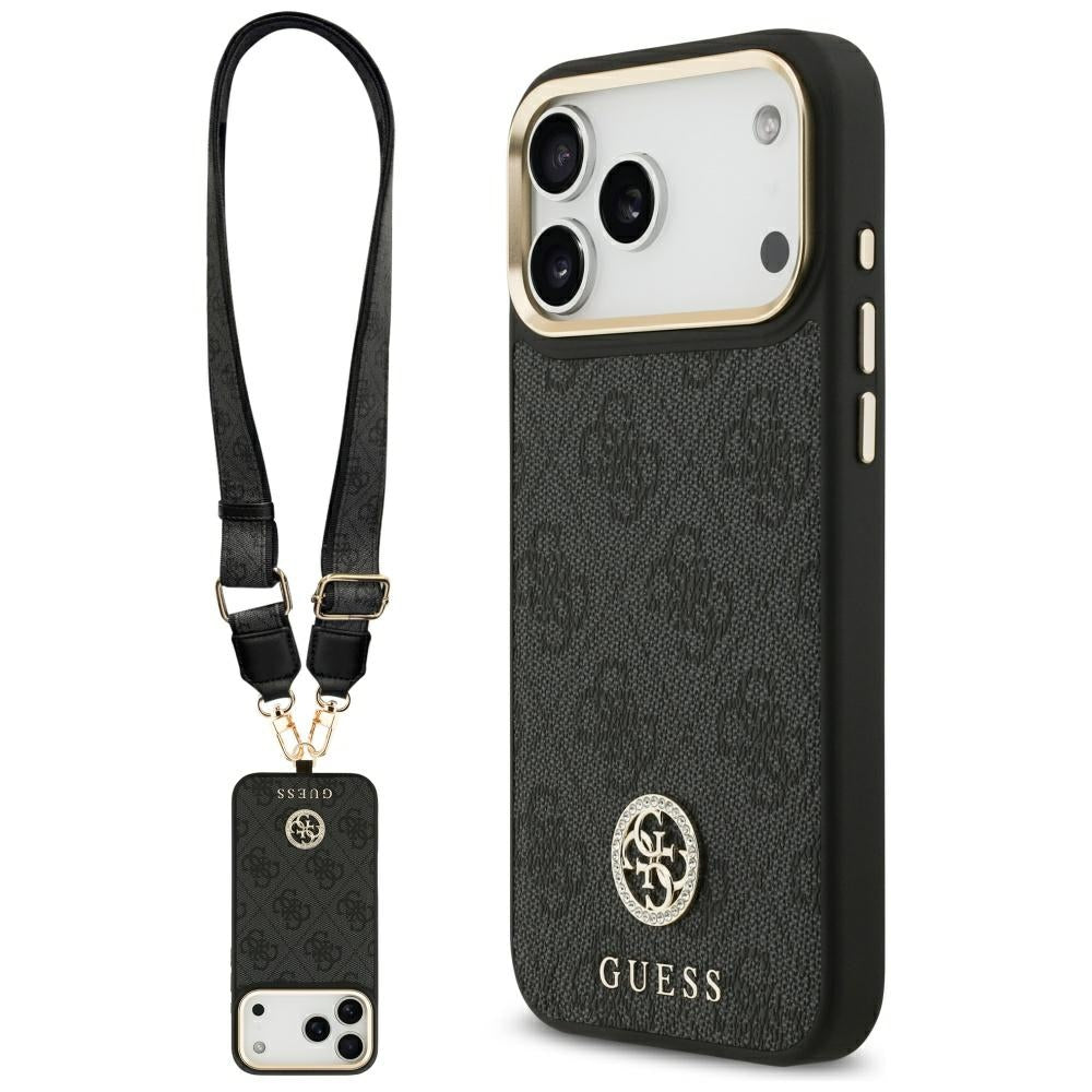Калъф MagSafe за Apple iPhone 17 Pro Max, Guess, 4G Strass Logo with Big Strap, Черен