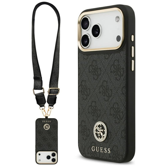 Калъф MagSafe за Apple iPhone 17 Pro Max, Guess, 4G Strass Logo with Big Strap, Черен