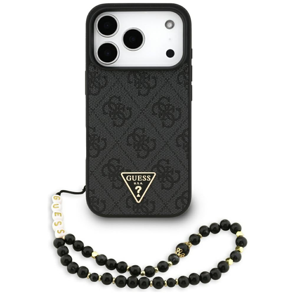 Калъф MagSafe за Apple iPhone 17 Pro Max, Guess, 4G Triangle Logo с връзка за носене, Черен