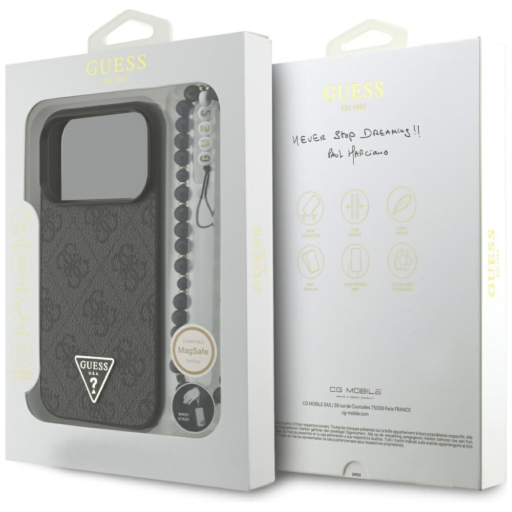 Калъф MagSafe за Apple iPhone 17 Pro Max, Guess, 4G Triangle Logo с връзка за носене, Черен