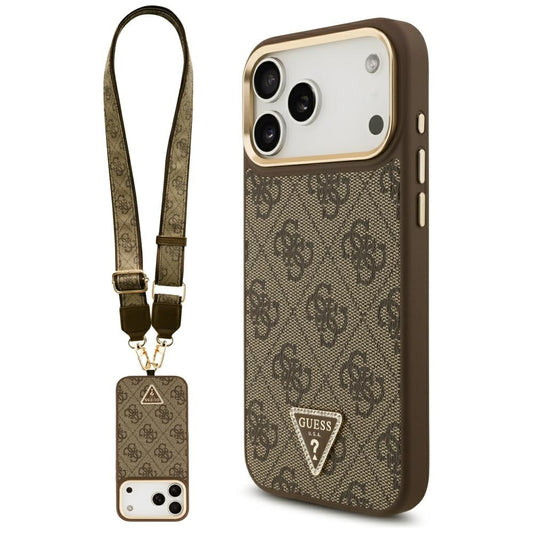 Калъф MagSafe за Apple iPhone 17 Pro Max, Guess, 4G Triangle Logo with Big Strap, Кафяв