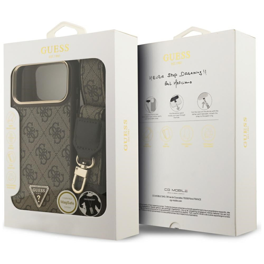 Калъф MagSafe за Apple iPhone 17 Pro Max, Guess, 4G Triangle Logo with Big Strap, Кафяв