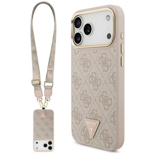 Калъф MagSafe за Apple iPhone 17 Pro Max, Guess, 4G Triangle Logo with Big Strap, Розов