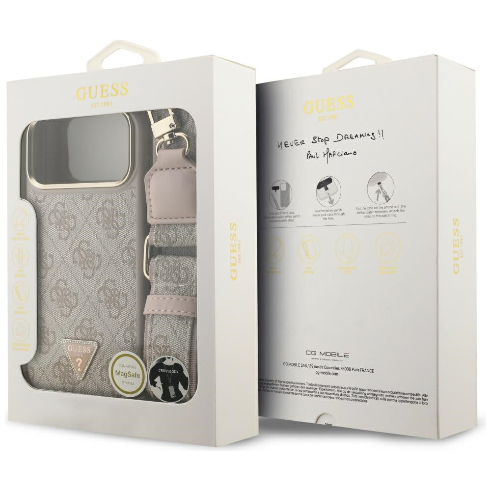 Калъф MagSafe за Apple iPhone 17 Pro Max, Guess, 4G Triangle Logo with Big Strap, Розов