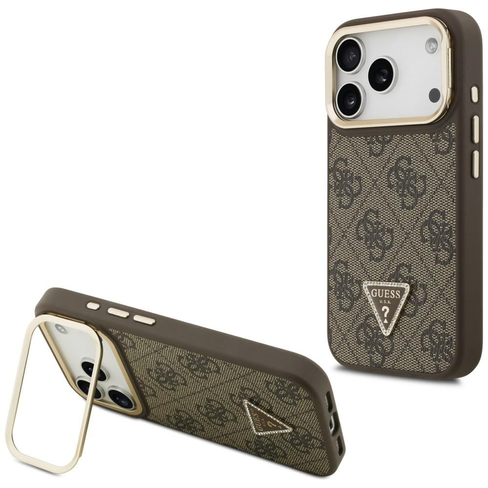 Калъф MagSafe за Apple iPhone 17 Pro Max, Guess, 4G Triangle Logo with Stand Camera, Златисто-кафяв
