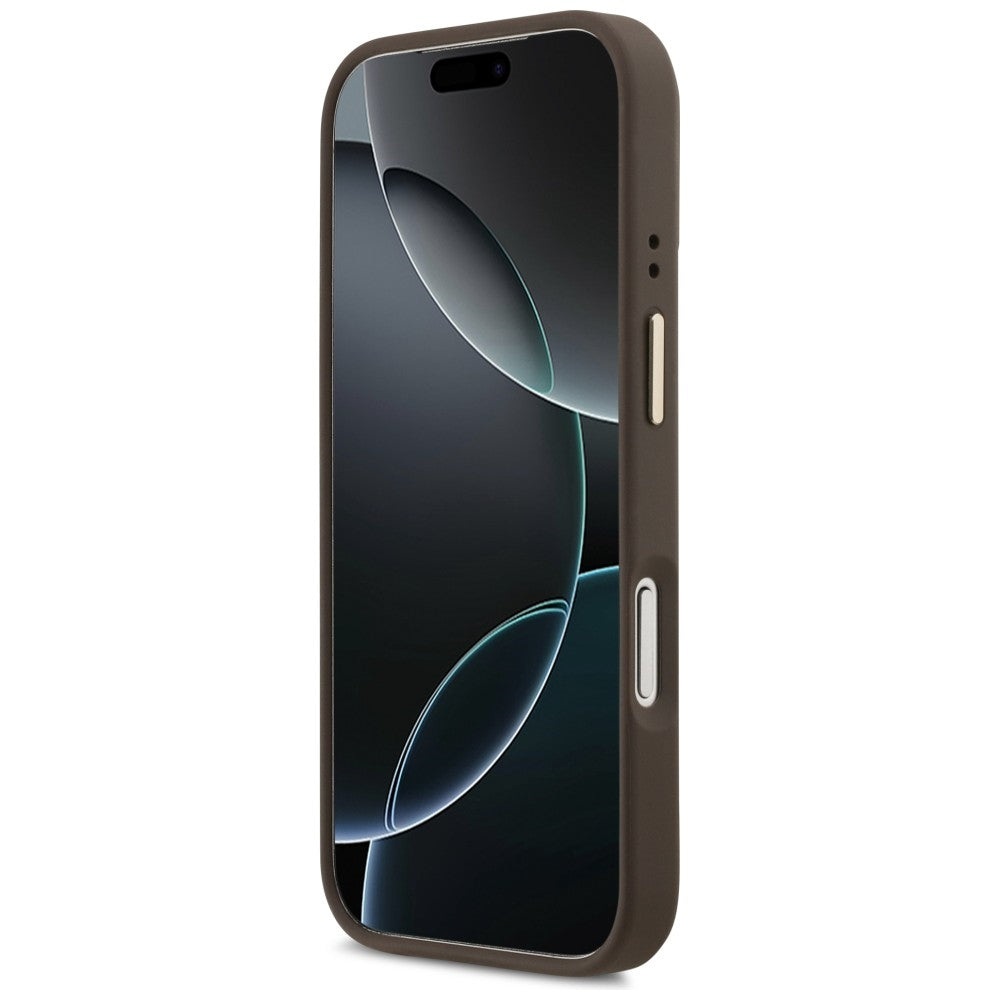 Калъф MagSafe за Apple iPhone 17 Pro Max, Guess, 4G Triangle Logo with Stand Camera, Златисто-кафяв