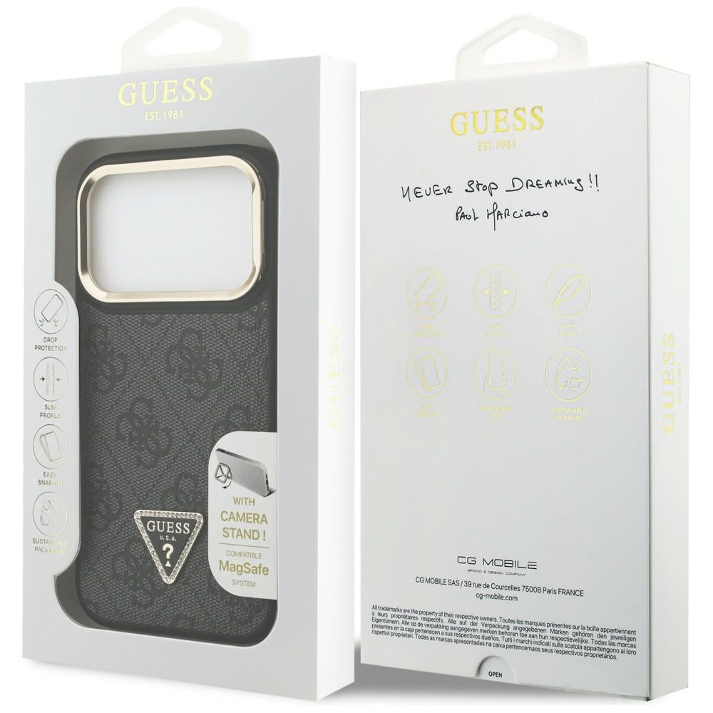 Калъф MagSafe за Apple iPhone 17 Pro Max, Guess, 4G Triangle Logo with Stand Camera, Черно Златист