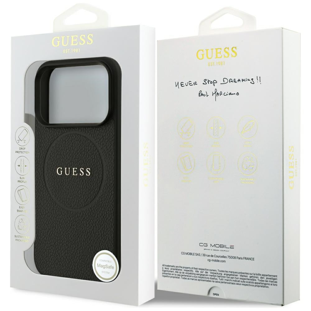 MagSafe Case for Apple iPhone 17 Pro Max, Guess, Grained Gold Ring, Black