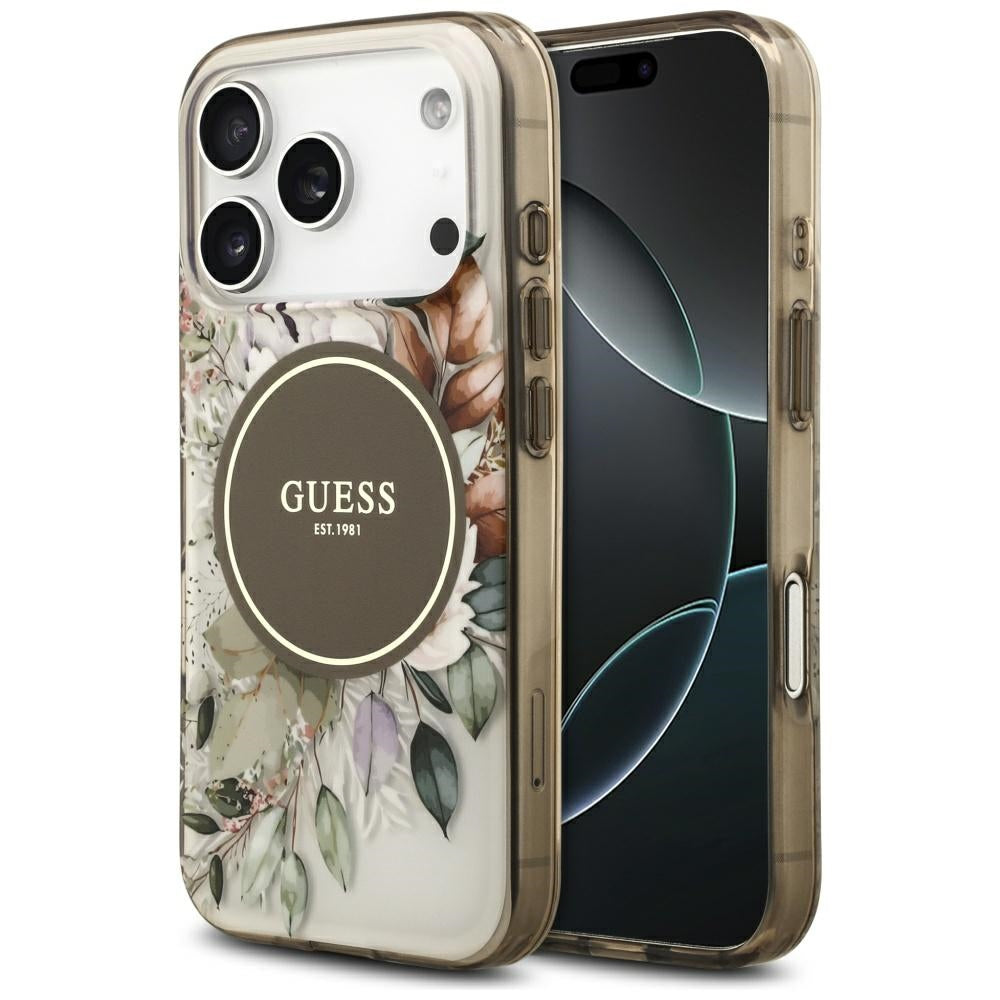 Калъф MagSafe за Apple iPhone 17 Pro Max, Guess, IML Flower & Tonal Circle, Кафяв