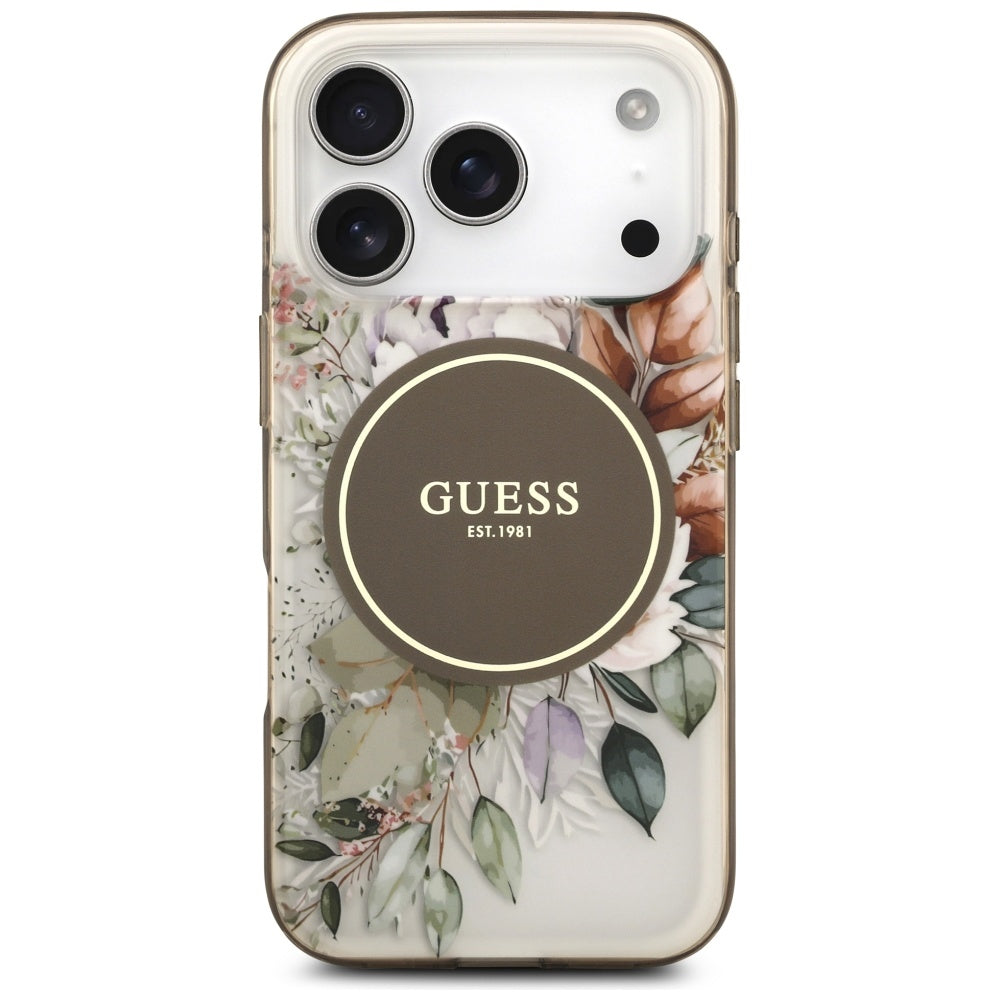 Калъф MagSafe за Apple iPhone 17 Pro Max, Guess, IML Flower & Tonal Circle, Кафяв